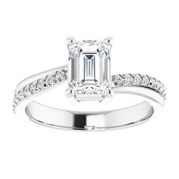 18ct White Gold - Emerald & Round cut Lab Grown Accented Diamond Ring