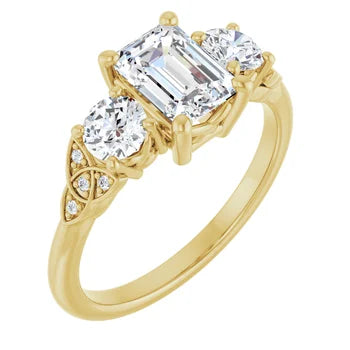 18ct YG Emerald & Round cut Trilogy Lab Grown Diamond Ring