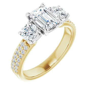 18ct YWG Emerald & Round cut Trilogy Lab Grown Diamond Ring