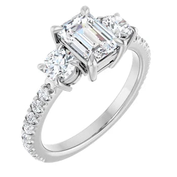 18ct YG Emerald & Round cut Trilogy Lab Grown Diamond Ring