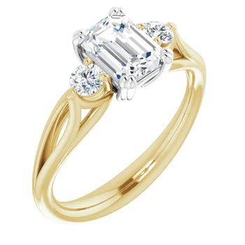 18ct Two Tone Yellow/White Gold Emerald & Round cut Lab Grown Trilogy Diamond Ring