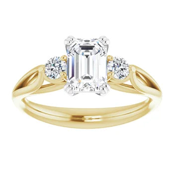 18ct Two Tone Yellow/White Gold Emerald & Round cut Lab Grown Trilogy Diamond Ring